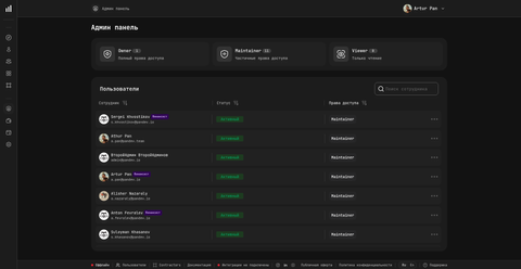 Admin panel showing Owner / Maintainer / Viewer counts and Financier tags in PanDev Metrics