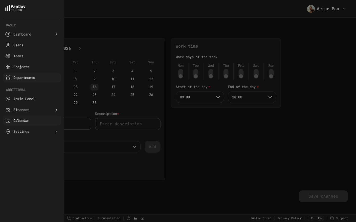 Working calendar settings showing work days and hours configuration