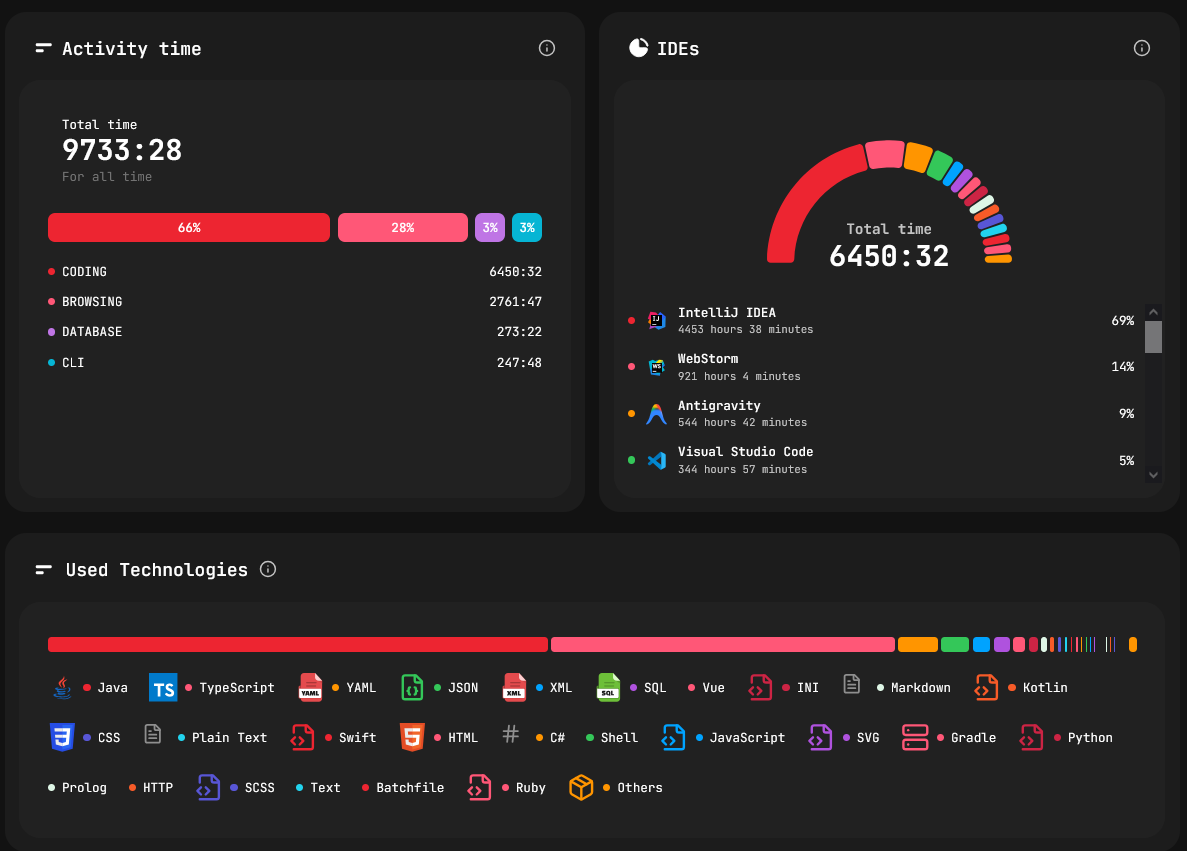 Technologies in use — languages and frameworks ranked by usage time