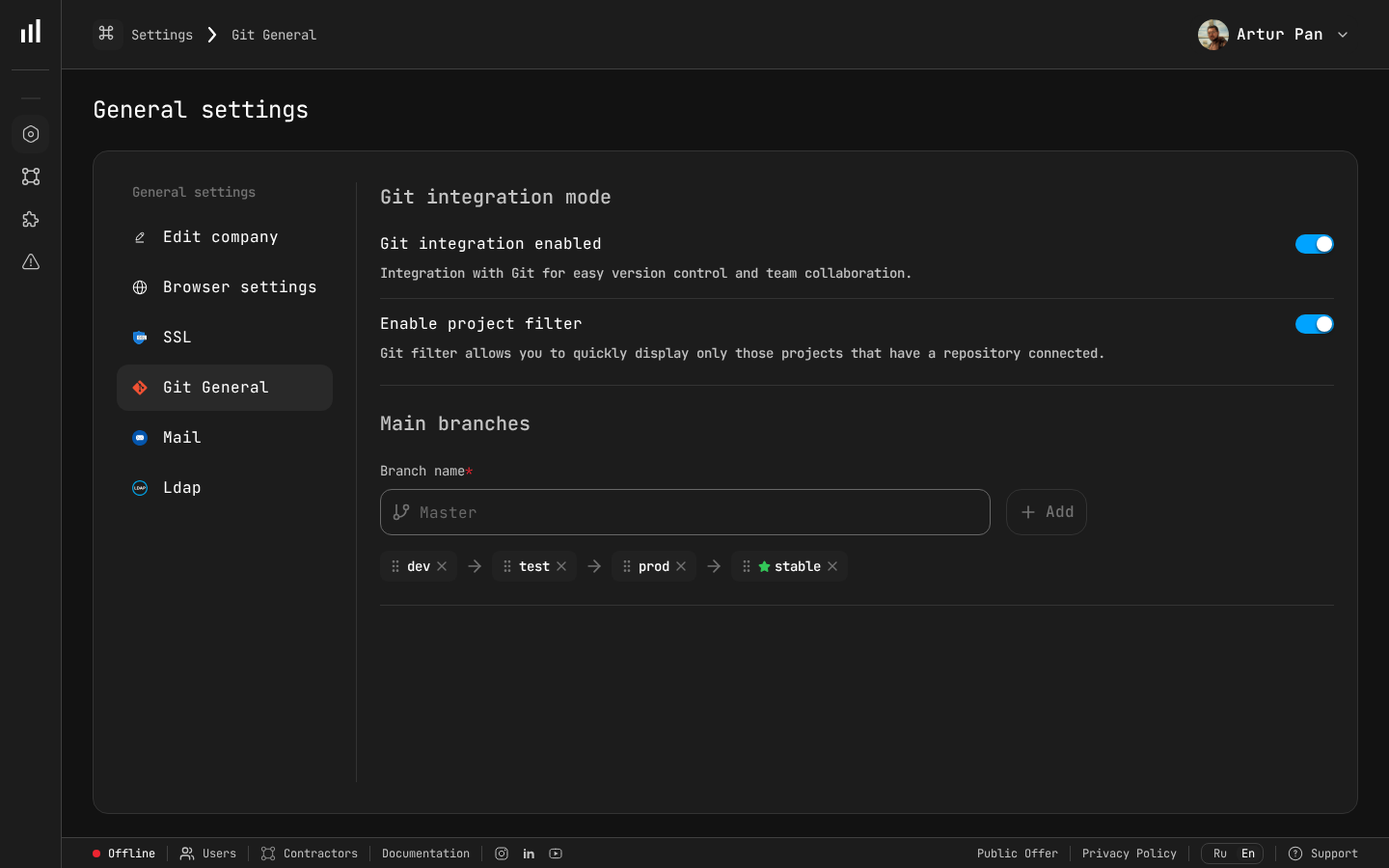 Git integration settings in PanDev Metrics — Step 1 of DORA implementation