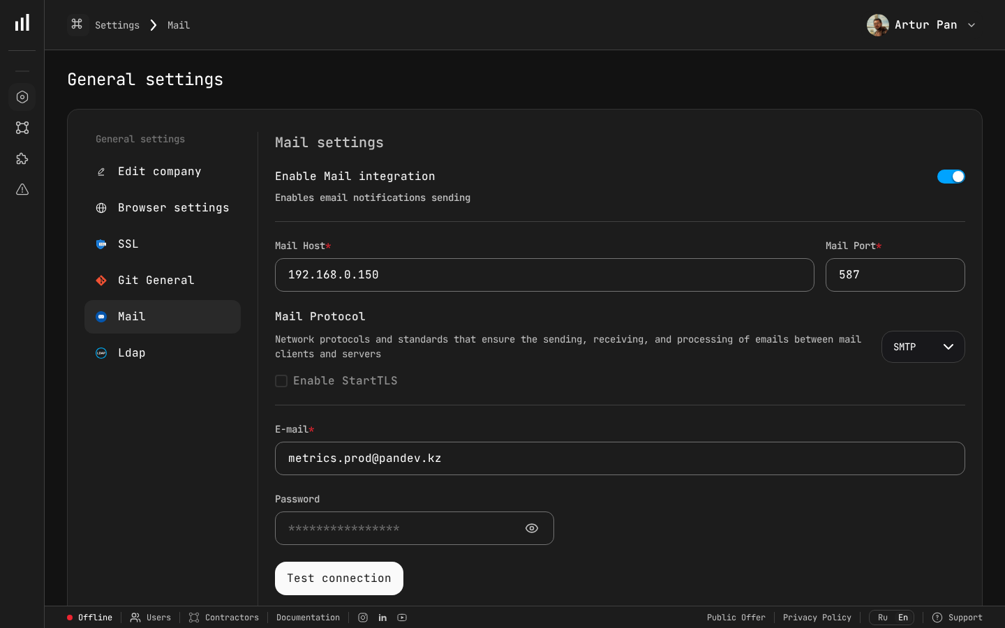 Mail settings showing SMTP configuration for on-premise deployment