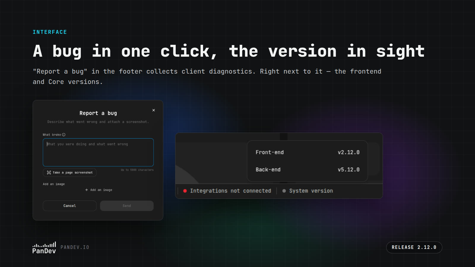 Report a bug and the system version in the footer
